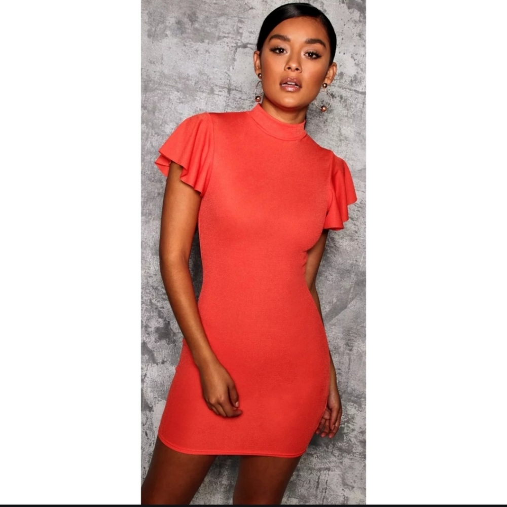 Red Mini Ruffle Sleeve Dress